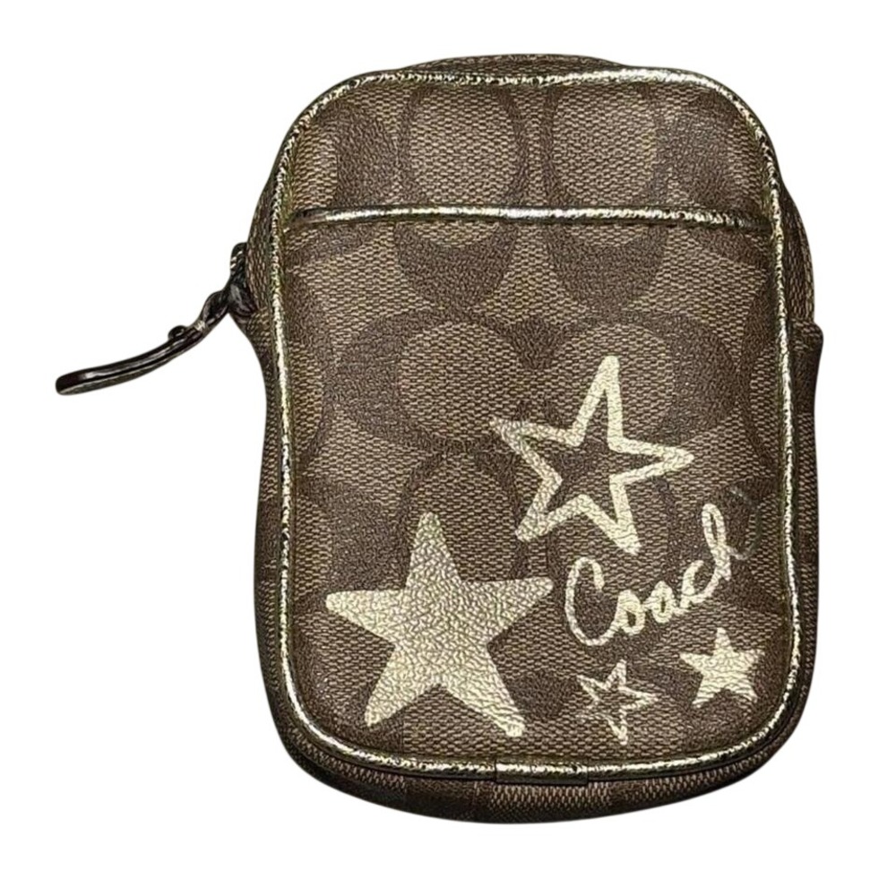 Coach Brown Tan Signature "C"‎ Wristlet with Flower Accent